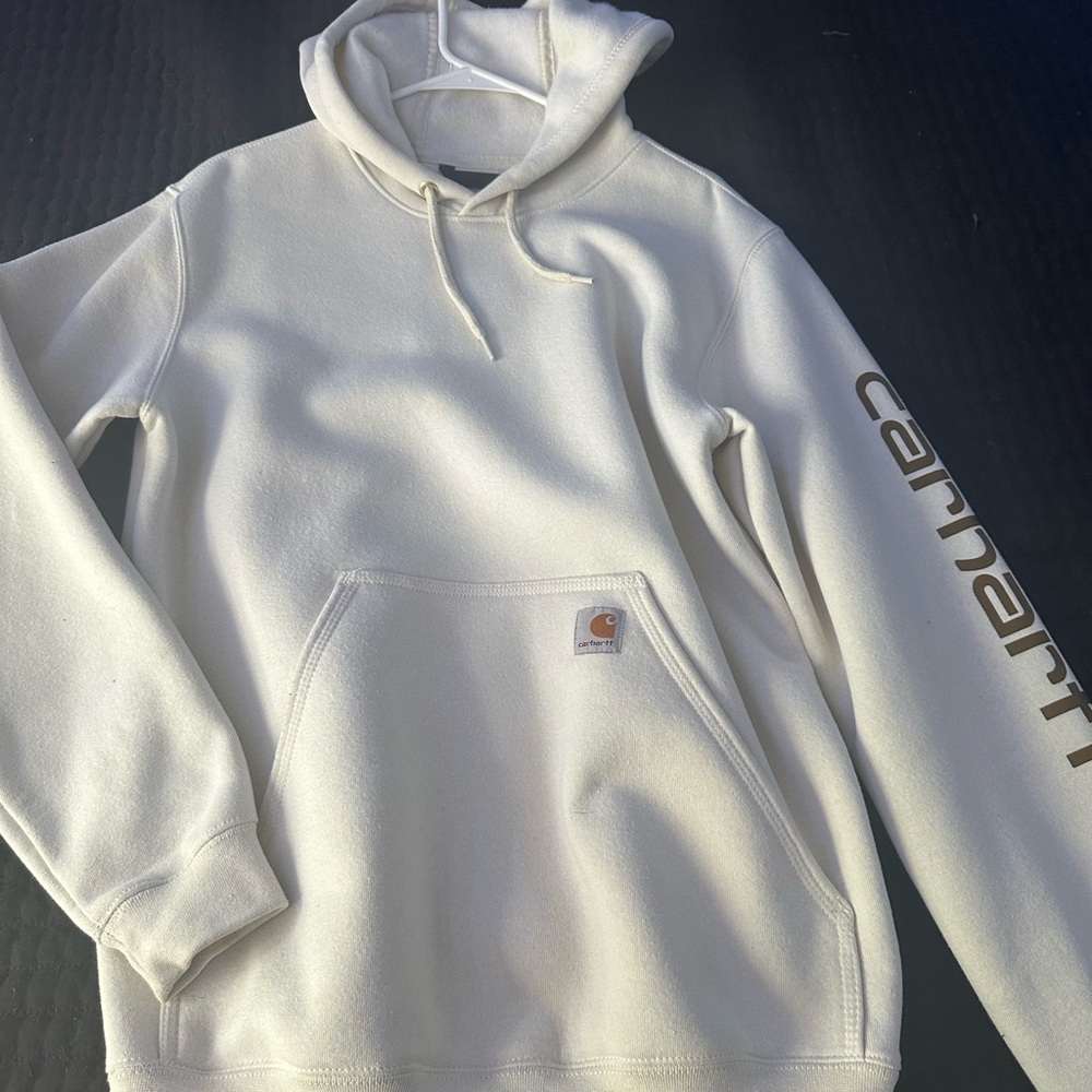 Carhartt Men's Cream Hoodie with Brown Logo